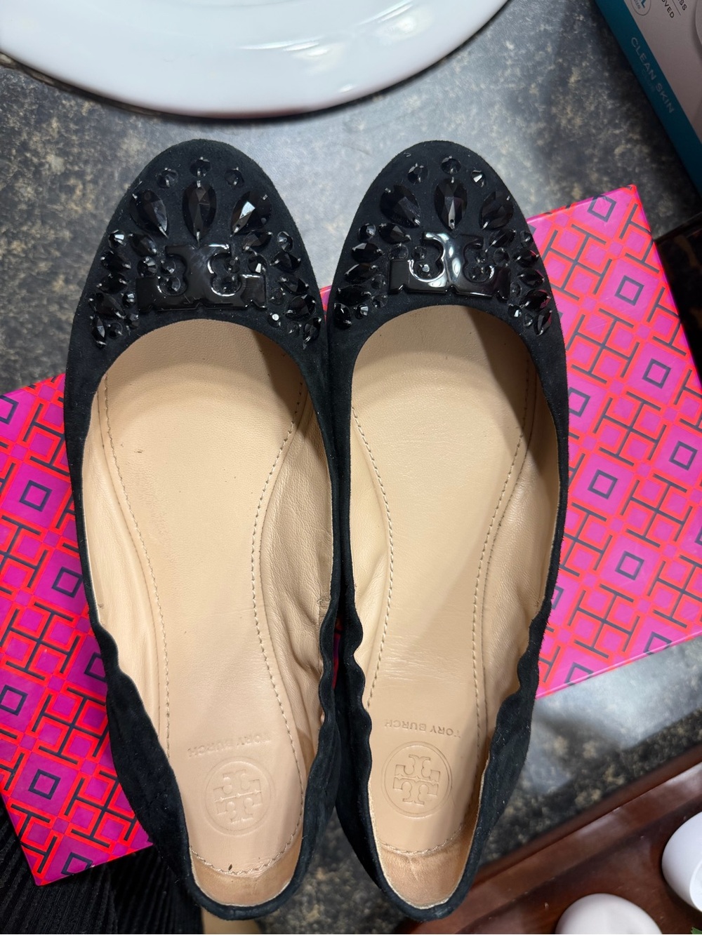 Tory Burch Black Embellished Suede Ballet Flats - Picture 2 of 6